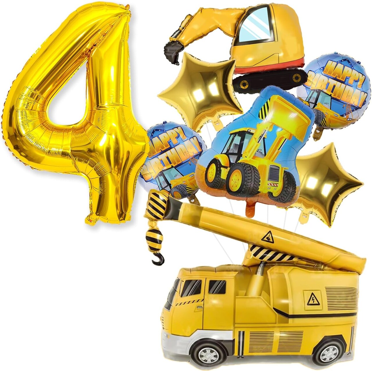 Construction 4th Birthday Balloons – 9-Piece Set with 40-Inch Gold Number 4, Excavator, Dump Truck, Crane, Bulldozer Foil Balloons for Boys’ Construction Party Supplies (Gold)